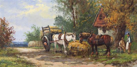 Frederick E. Jamieson Figures and horses by a hay cart, 8 x 16in.